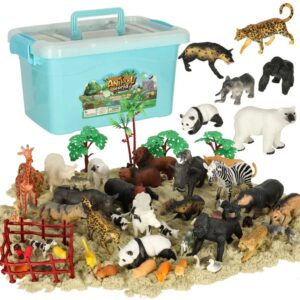 Figúrky zvierat – zvieratá zo zoo, safari, farmy – príslušenstvo – krabička s 59 kusmi