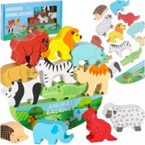Montessori zručnostná hra – skladačka s balansujúcimi drevenými kockami v tvare zvieratiek