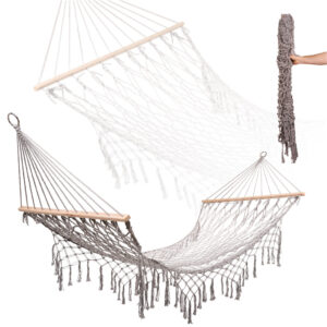 Záhradná hojdačka v štýle boho, sieťovina, strapce, závesné ležadlo, makramé, 200 cm, sivá