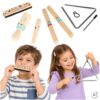 Drevené hudobné nástroje pre deti: triangl, paličky, ústna harmonika, strúhadlo