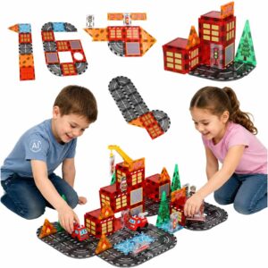 3D magnetické stavebnicové kocky – hasiči, 2 autá, 92 dielov