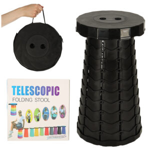Skladacieľná stolička, teleskopový turistický taburet, prenosný, čierny, nosnosť 200 kg