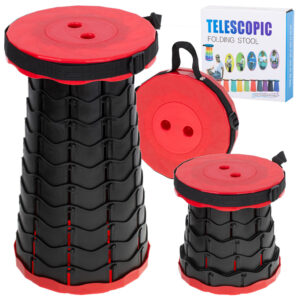 Skladacieľná stolička, teleskopový turistický taburet, prenosný, červený, nosnosť 200 kg