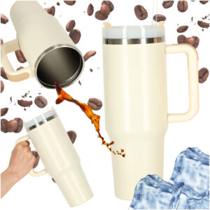 Termohrnček so slamkou a rukoväťou termoska 1200ml krémová