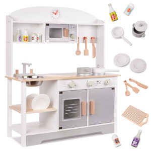 Detská kuchynka z dreva a MDF MODERN CLASSIC s príslušenstvom, 82 cm, sivá