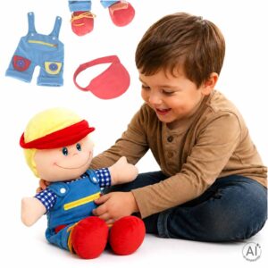 Puppet, maskotka, plyšová hračka, vzdelávacia hračka, učenie sa obliekať, chlapec