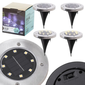 Solárne záhradné svietidlá na zapichnutie do zeme so senzorom súmraku, svietiaci disk s 8 LED diódami, 4 ks, studená biela
