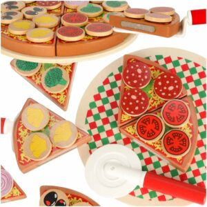 Pizza – drevená hracia sada s suchým zipsom, príslušenstvo: lopatka, nôž, tanier, nácvik krájania, 20 cm