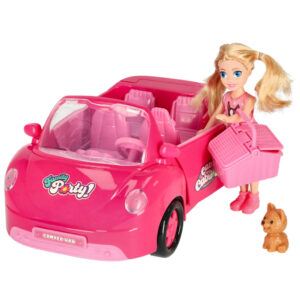 Auto pre bábiky, kabriolet, pikniková súprava, bábika, ružový psík, 4 ks.