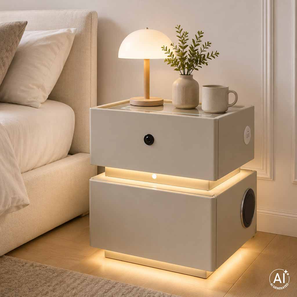 Inteligentný nočný stolík s odtlačkovým zámkom a indukčným nabíjaním, farba ecru