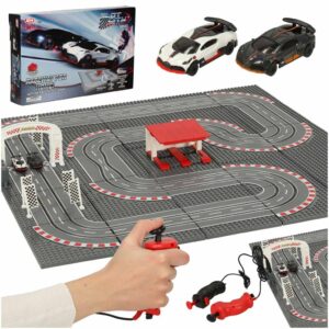Elektrická policajná pretekárska dráha, 2 autíčka, ovládače, zákruty, stavebné kocky GD-03