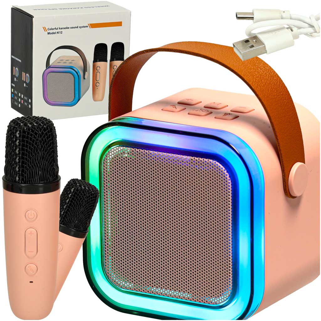 Zestaw-do-karaoke-2-mikrofony-glosnik-przenosny-BLUETOOTH-USB-LED-rozowy-162822