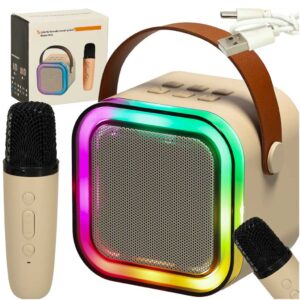 Karaoke súprava: reproduktor, Bluetooth, mikrofón, USB, LED, béžová
